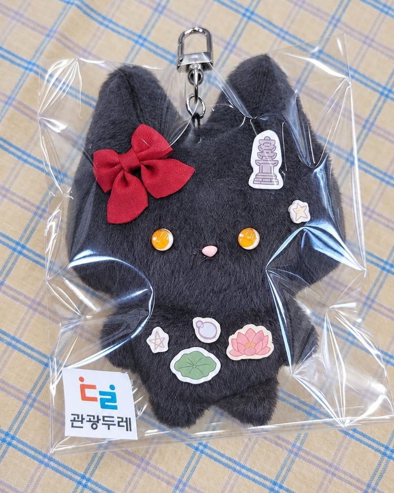 여러 가지 참을 붙인 검은 고양이 인형이 포장된 모습